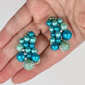 Climber Earrings, Japan, Faux Pearls, Vintage Earrings, 50s, 60s, Clips, Aqua